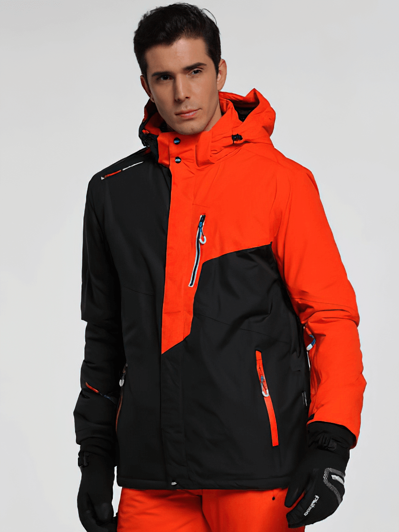Men's micro fleece lined ski jacket with detachable hood, SF0857, windproof, waterproof, breathable, perfect for cold weather skiing.